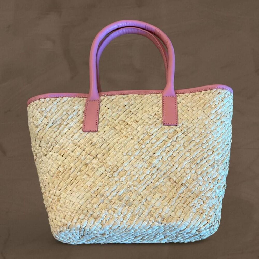 J Crew pink woven straw bag leather handle boho
